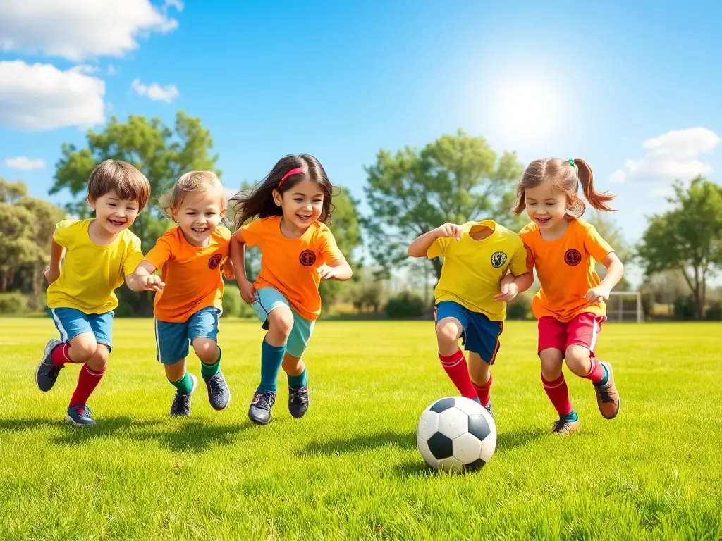 A group of children playing soccer on a sunny field, wearing sports uniforms and smiling, representing the teamwork and physical activity involved in the program.