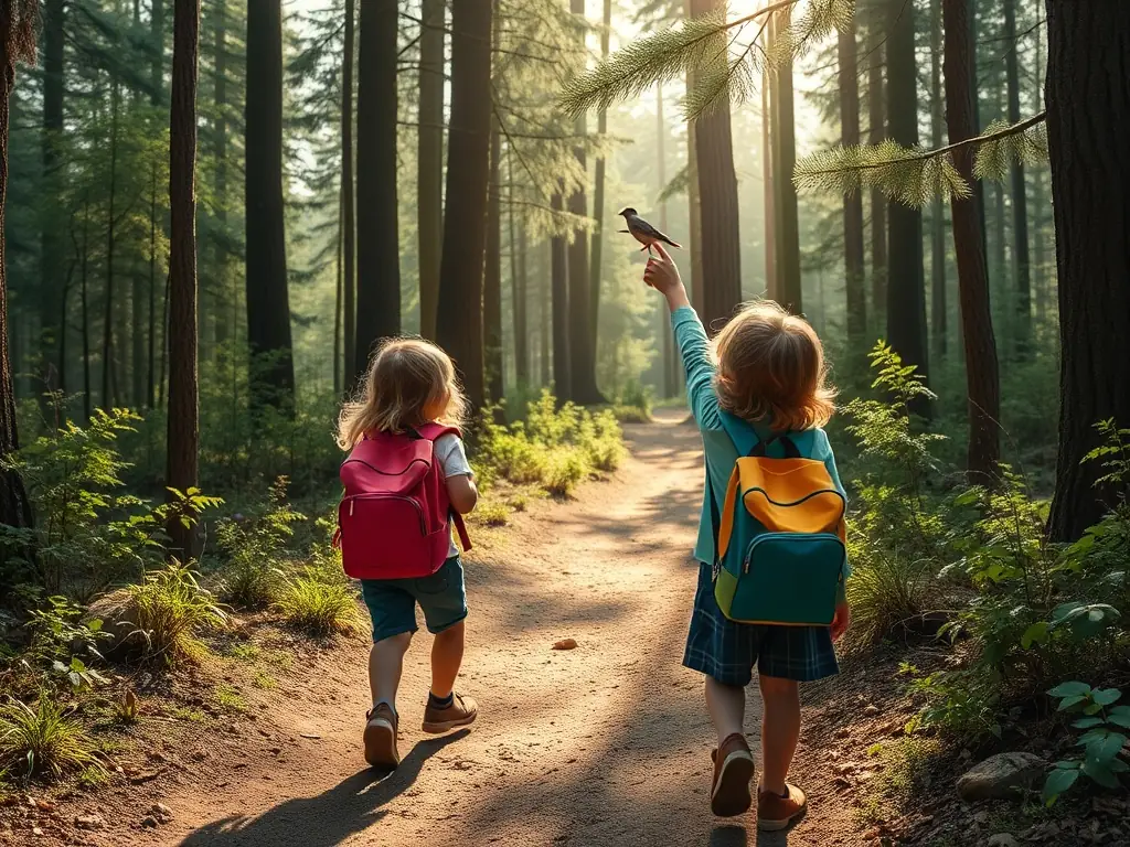 Children hiking in a forest, wearing backpacks and exploring nature, representing the outdoor activities and exploration involved in the program.