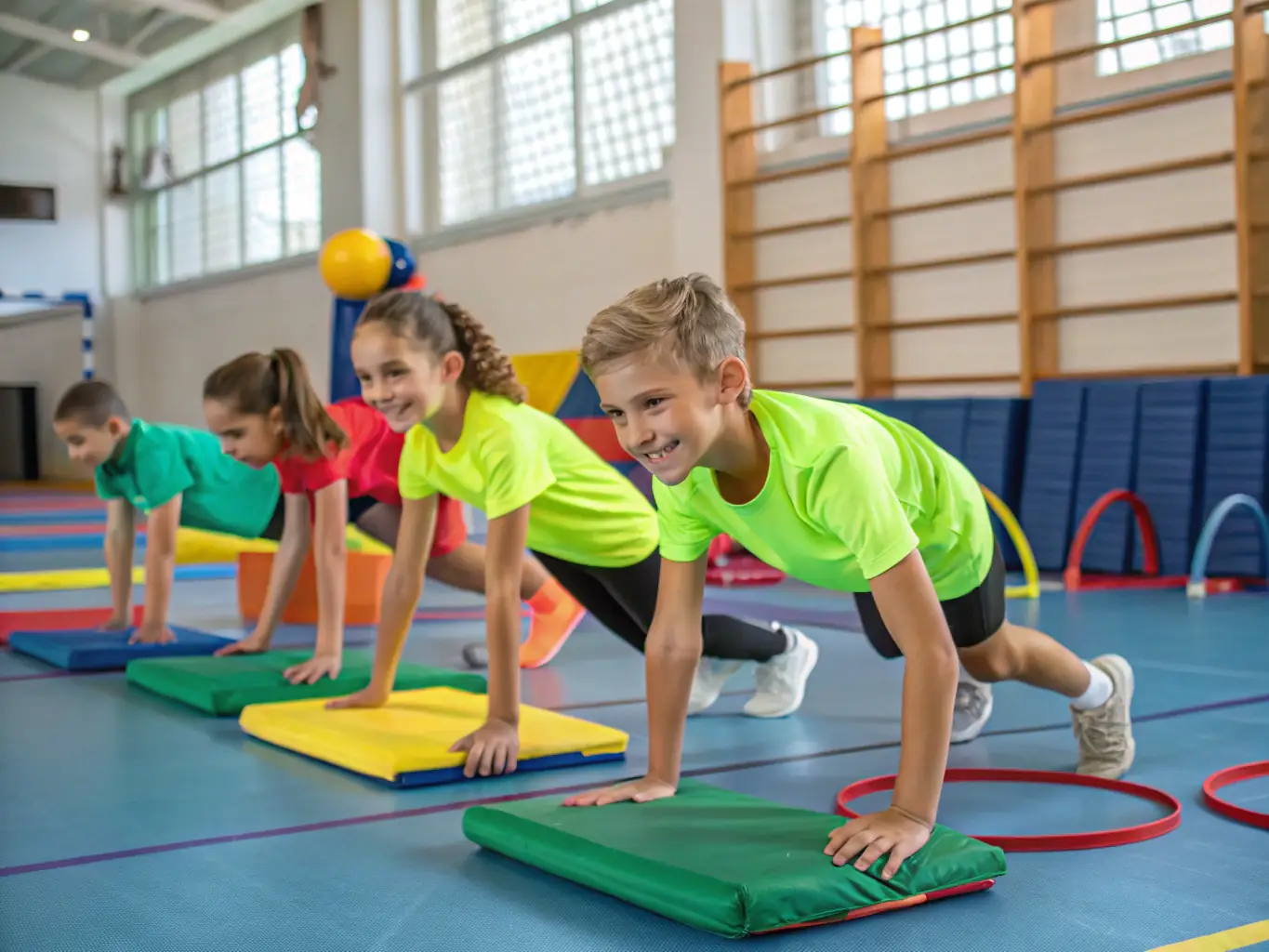 Children participating in a motor skill development exercise, such as an obstacle course, in a gymnasium, representing the physical development and coordination involved in the program.
