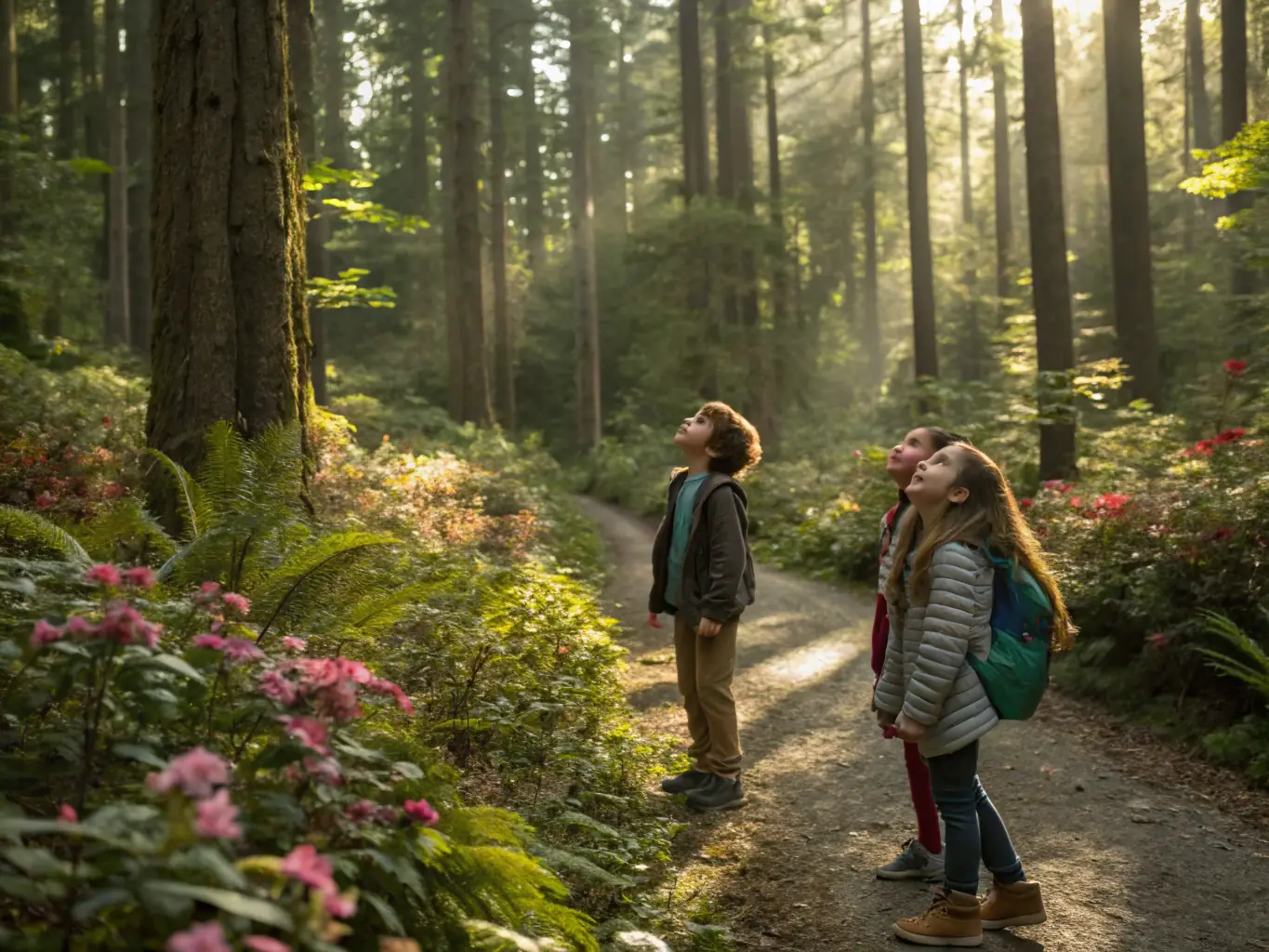 A dynamic image of children hiking and exploring nature, showcasing outdoor activities and adventures.