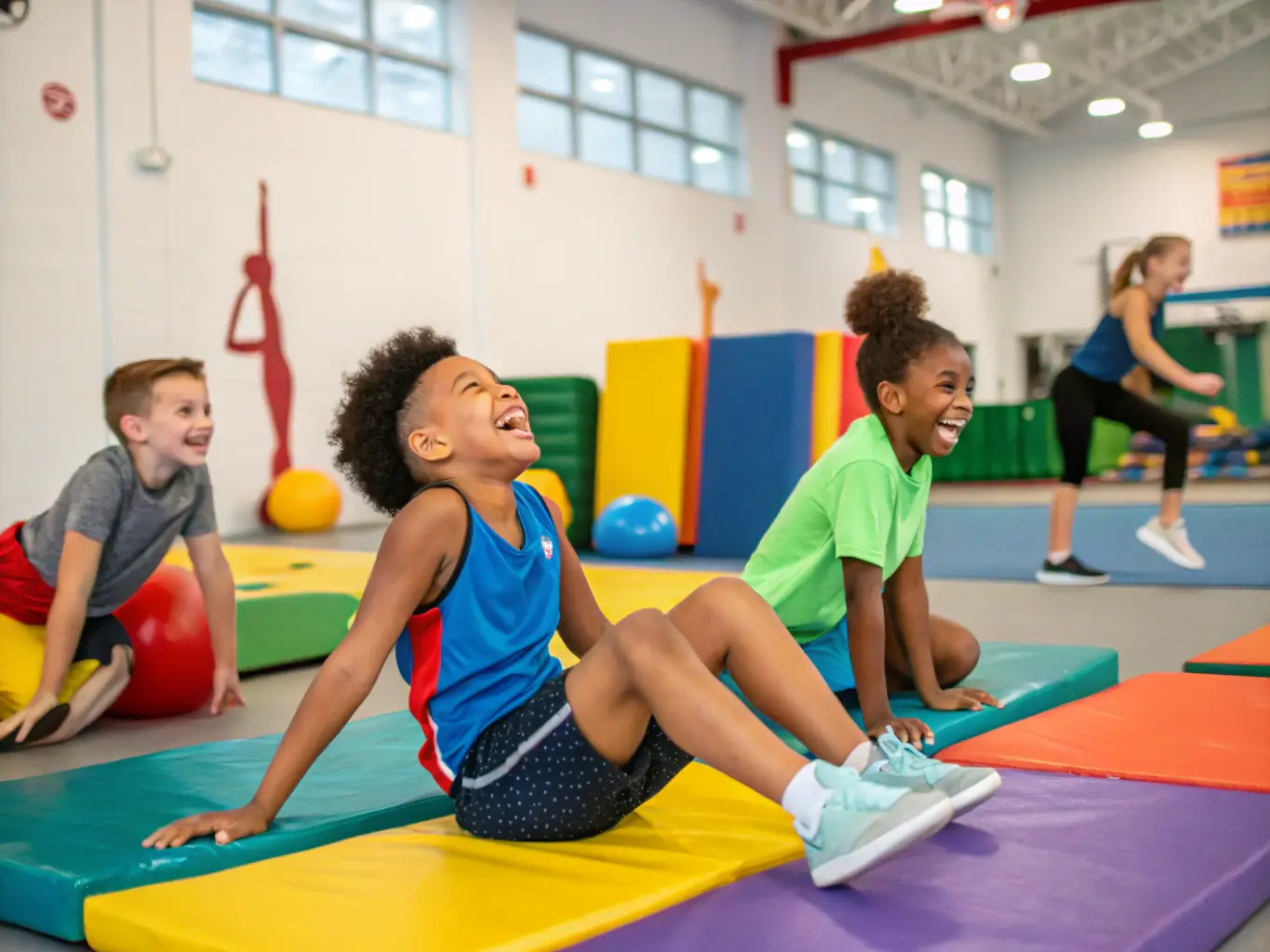 Children participating in a motor skill development exercise, such as obstacle courses or agility drills, in a gymnasium setting, representing the physical development and coordination involved in the program.