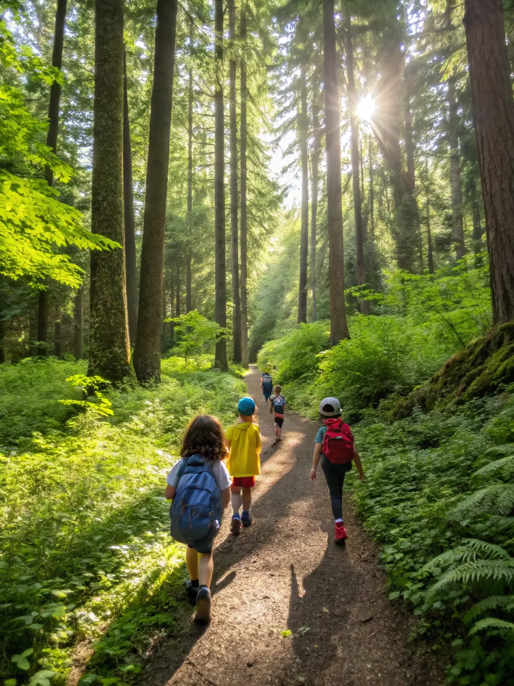 Children participating in an outdoor adventure activity, such as hiking or orienteering, in a forest setting, showcasing exploration and nature appreciation.