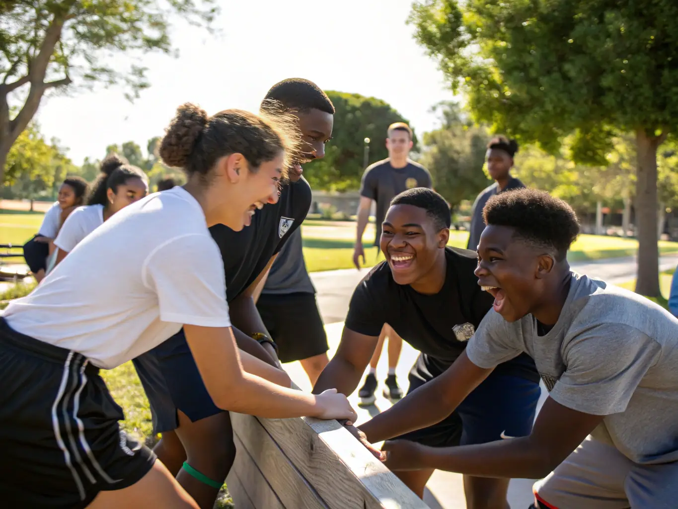 A diverse group of children participating in a team-building exercise outdoors, emphasizing inclusivity and cooperation.