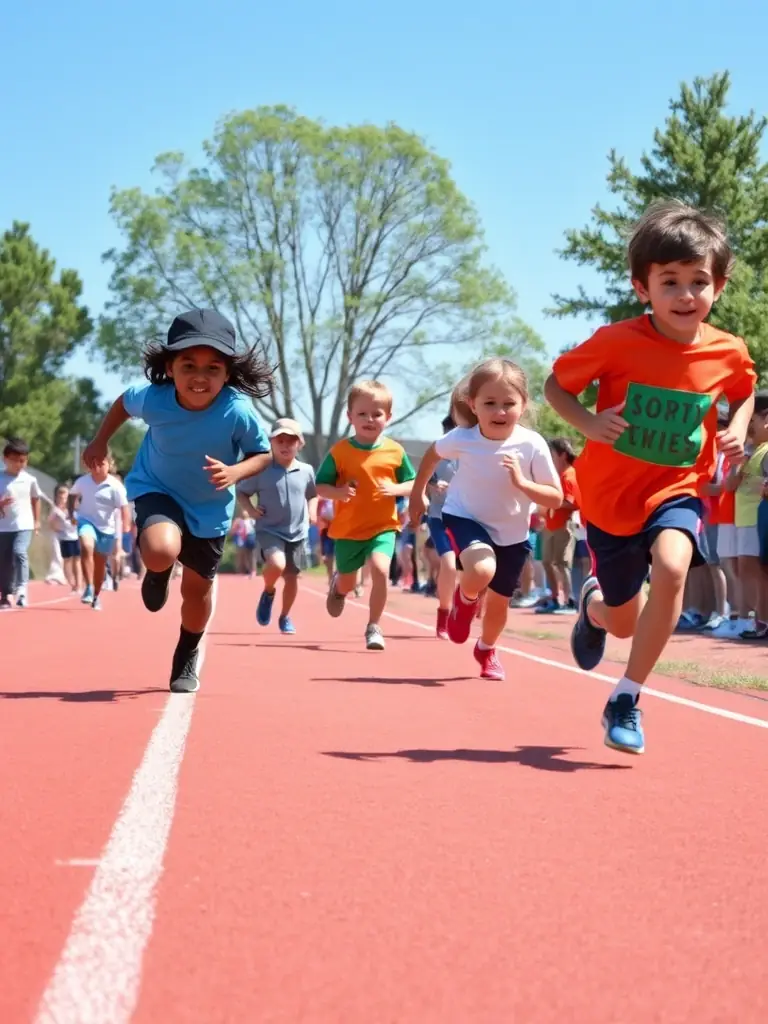 A group of children engaged in a track and field event, running and jumping, highlighting speed, endurance, and personal achievement.