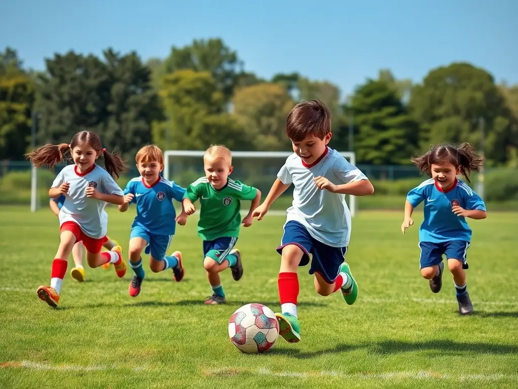 A group of children playing soccer on a sunny field, wearing sports uniforms and smiling, representing the teamwork and physical activity involved in the program.