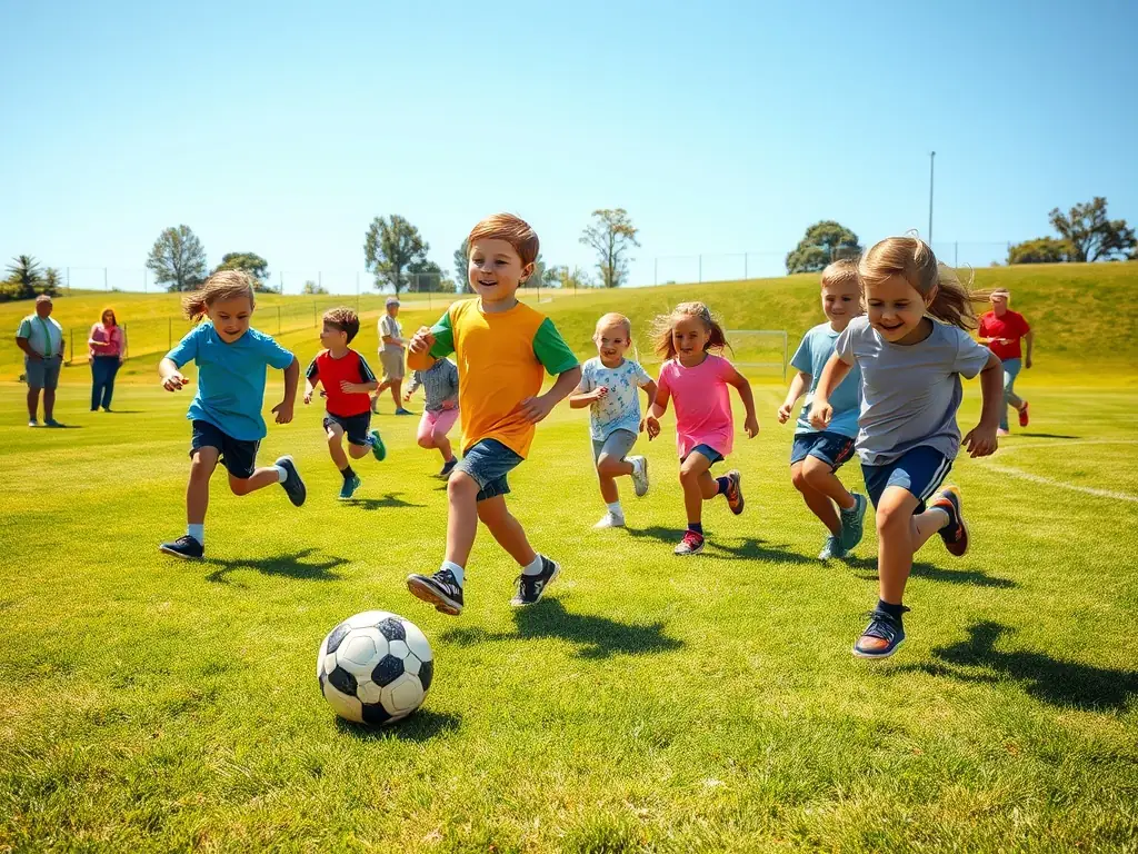 A group of children laughing and playing soccer during a sunny afternoon practice session, showcasing teamwork and fun.