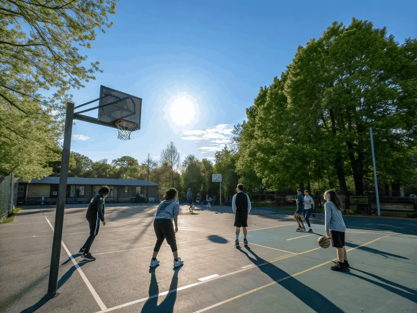 A group of children laughing and playing basketball together outdoors, showcasing teamwork and enjoyment.