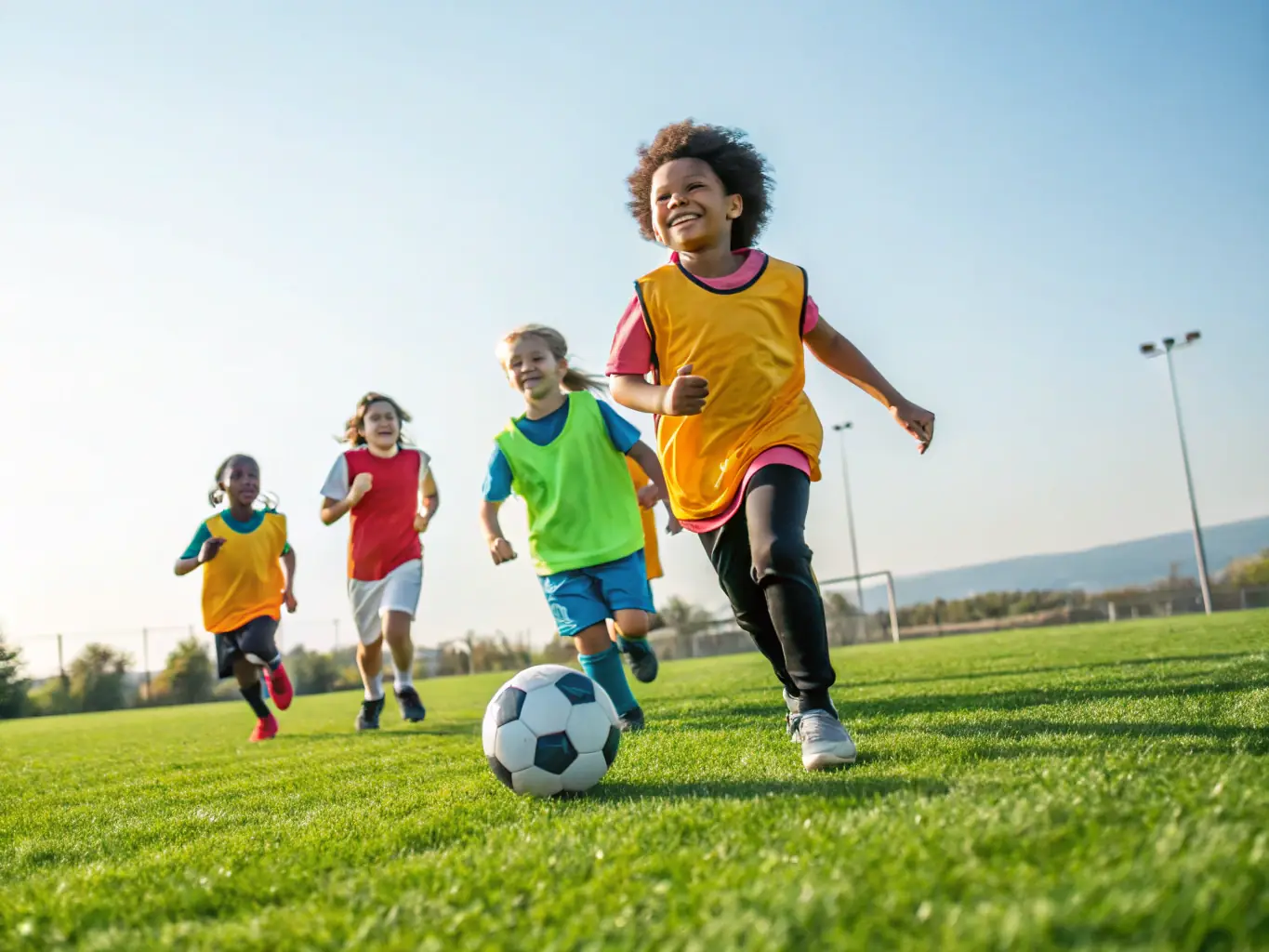 A vibrant image of children playing soccer and participating in outdoor activities, smiling and actively engaged.