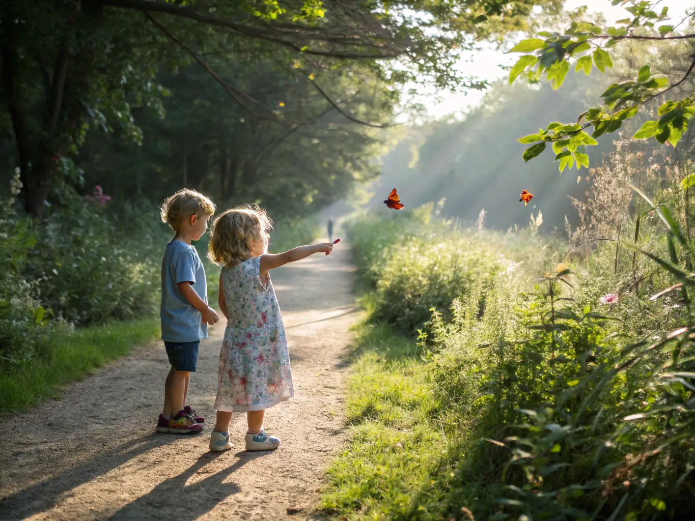 Children hiking in a forest, wearing backpacks and exploring nature, representing the outdoor activities and exploration involved in the program.