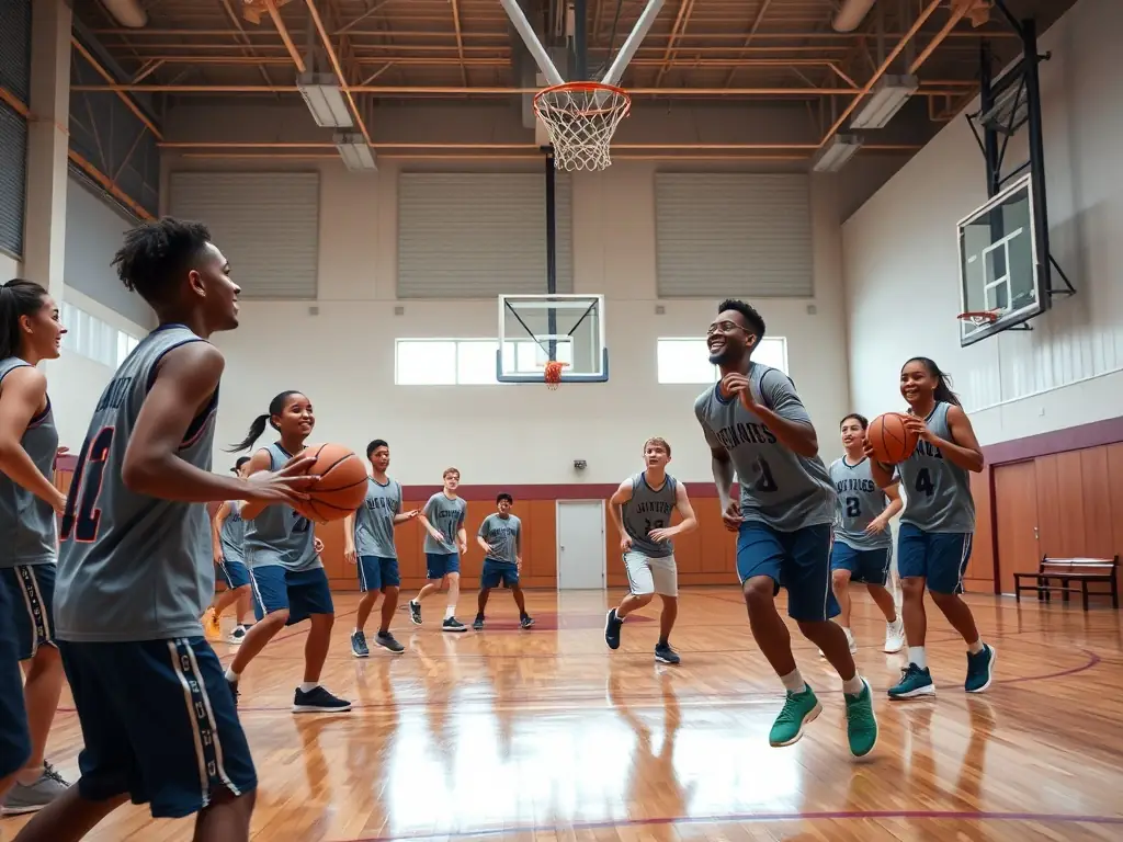A diverse group of children collaborating and strategizing during a basketball game, emphasizing the importance of teamwork and communication.