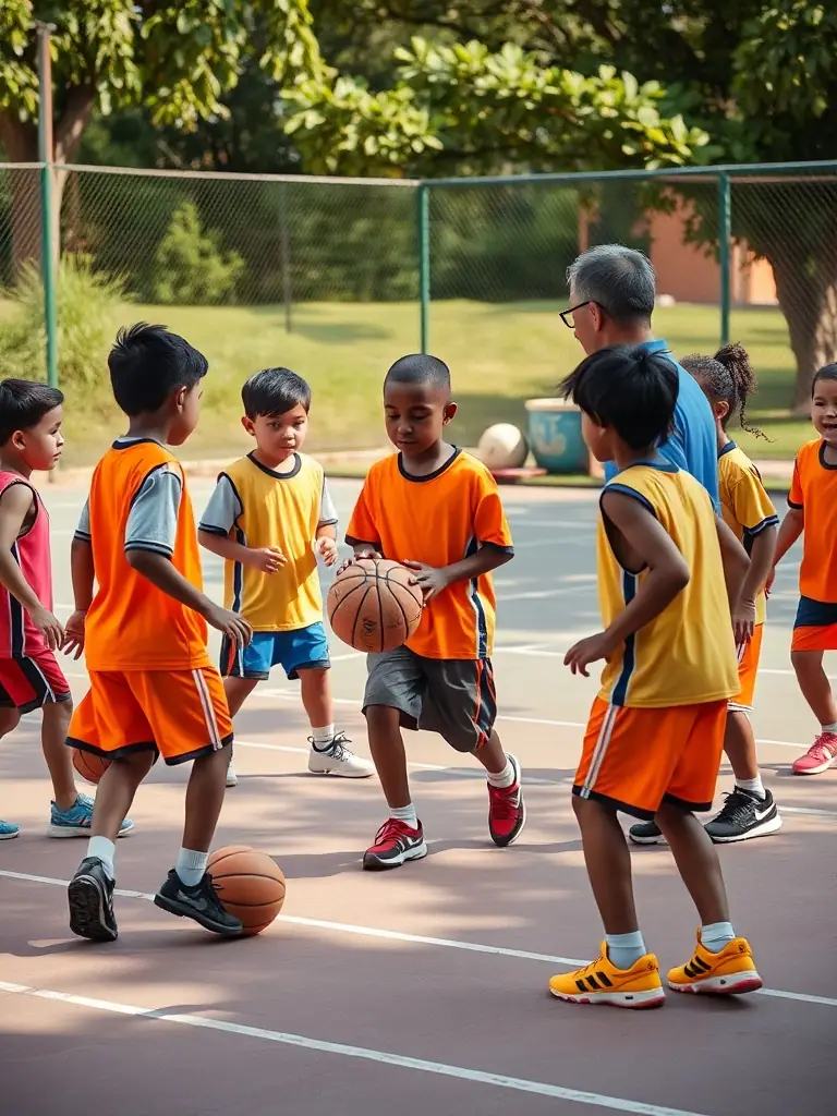 Kids practicing basketball drills in a gymnasium, focusing on skill development and coordination, with a coach providing guidance.