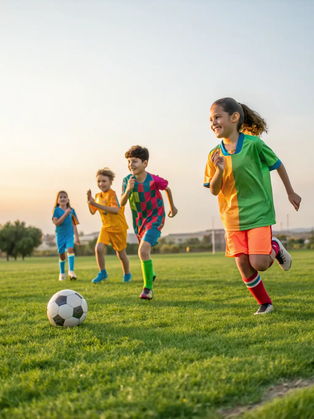 A group of children playing soccer on a sunny field, wearing sports uniforms and smiling, emphasizing teamwork and physical activity.